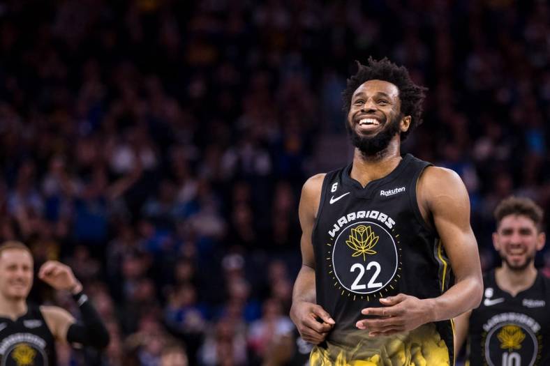 Feb 13, 2023; San Francisco, California, USA;  Golden State Warriors forward Andrew Wiggins (22) against the Washington Wizards during the second half at Chase Center. Mandatory Credit: John Hefti-USA TODAY Sports