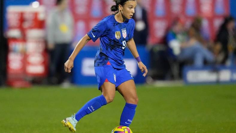 Feb 22, 2023; Frisco, Texas, USA; United States of America forward Mallory Swanson (9) against Brazil during the second half at Toyota Stadium. Mandatory Credit: Chris Jones-USA TODAY Sports