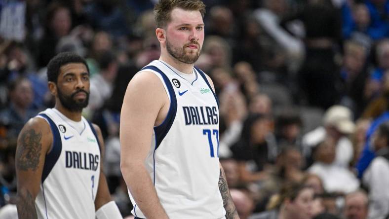 Feb 23, 2023; Dallas, Texas, USA; Dallas Mavericks guard Kyrie Irving (2) and guard Luka Doncic (77) during the game between the Dallas Mavericks and the San Antonio Spurs at American Airlines Center. Mandatory Credit: Jerome Miron-USA TODAY Sports