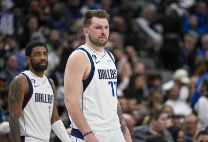 Feb 23, 2023; Dallas, Texas, USA; Dallas Mavericks guard Kyrie Irving (2) and guard Luka Doncic (77) during the game between the Dallas Mavericks and the San Antonio Spurs at American Airlines Center. Mandatory Credit: Jerome Miron-USA TODAY Sports