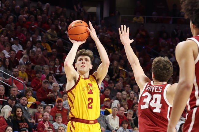 Feb 25, 2023; Ames, Iowa, USA; Iowa State Cyclones guard Caleb Grill (2) shoots over Oklahoma Sooners forward Jacob Groves (34) during the second half at James H. Hilton Coliseum. Mandatory Credit: Reese Strickland-USA TODAY Sports
