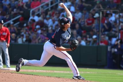 Feb 25, 2023; North Port, Florida, USA; Atlanta Braves pitcher Dylan Dodd (85) throws a pitch against the Boston Red Sox during the fourth inningat CoolToday Park. Mandatory Credit: Kim Klement-USA TODAY Sports