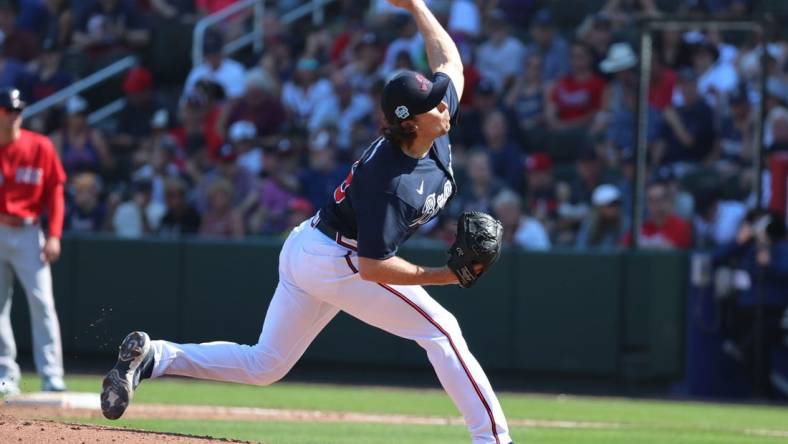 Feb 25, 2023; North Port, Florida, USA; Atlanta Braves pitcher Dylan Dodd (85) throws a pitch against the Boston Red Sox during the fourth inningat CoolToday Park. Mandatory Credit: Kim Klement-USA TODAY Sports