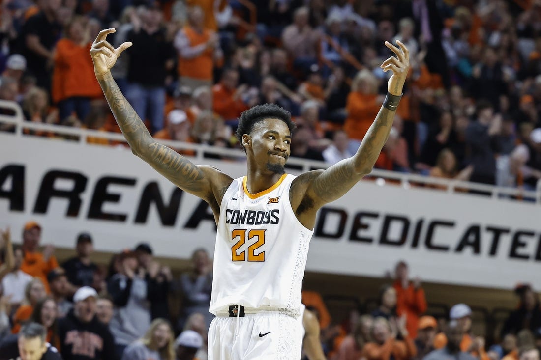 Feb 25, 2023; Stillwater, Oklahoma, USA; Oklahoma State Cowboys forward Kalib Boone (22) gestures during the second half against the Kansas State Wildcats at Gallagher-Iba Arena. Kansas State won 73-68. Mandatory Credit: Alonzo Adams-USA TODAY Sports