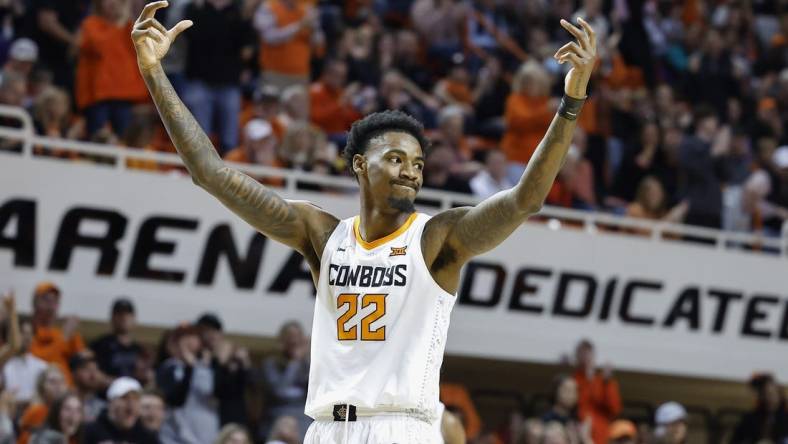 Feb 25, 2023; Stillwater, Oklahoma, USA; Oklahoma State Cowboys forward Kalib Boone (22) gestures during the second half against the Kansas State Wildcats at Gallagher-Iba Arena. Kansas State won 73-68. Mandatory Credit: Alonzo Adams-USA TODAY Sports