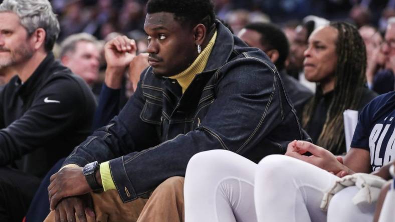 Feb 25, 2023; New York, New York, USA;  New Orleans Pelicans forward Zion Williamson watches the game in the third quarter against the New York Knicks at Madison Square Garden. Mandatory Credit: Wendell Cruz-USA TODAY Sports