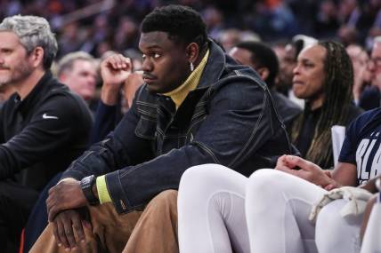 Feb 25, 2023; New York, New York, USA;  New Orleans Pelicans forward Zion Williamson watches the game in the third quarter against the New York Knicks at Madison Square Garden. Mandatory Credit: Wendell Cruz-USA TODAY Sports