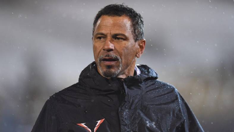 Feb 25, 2023; Las Vegas, NV, USA; Vegas Vipers head coach Ron Woodson looks on during the third quarter against the D.C. Defenders at Cashman Field. Mandatory Credit: Candice Ward-USA TODAY Sports