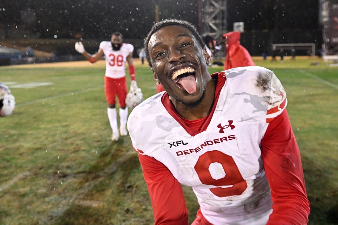 Feb 25, 2023; Las Vegas, NV, USA; D.C. Defenders defensive back KJ.Sails (9) celebrates defeating the Vegas Vipers at Cashman Field. Mandatory Credit: Candice Ward-USA TODAY Sports