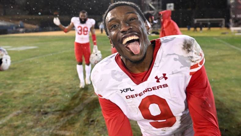 Feb 25, 2023; Las Vegas, NV, USA; D.C. Defenders defensive back KJ.Sails (9) celebrates defeating the Vegas Vipers at Cashman Field. Mandatory Credit: Candice Ward-USA TODAY Sports