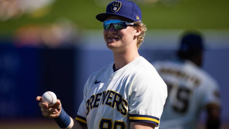 Feb 25, 2023; Phoenix, Arizona, USA; Milwaukee Brewers outfielder Joey Wiemer against the Los Angeles Dodgers during a spring training game at American Family Fields of Phoenix. Mandatory Credit: Mark J. Rebilas-USA TODAY Sports