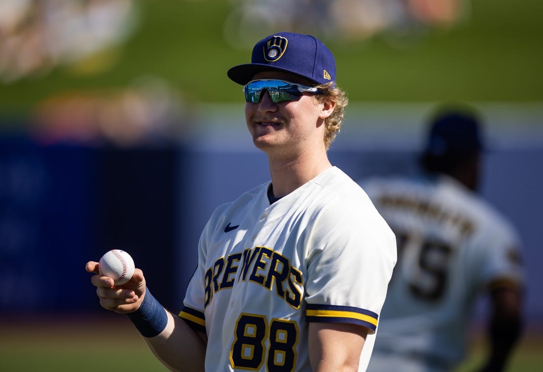 Feb 25, 2023; Phoenix, Arizona, USA; Milwaukee Brewers outfielder Joey Wiemer against the Los Angeles Dodgers during a spring training game at American Family Fields of Phoenix. Mandatory Credit: Mark J. Rebilas-USA TODAY Sports