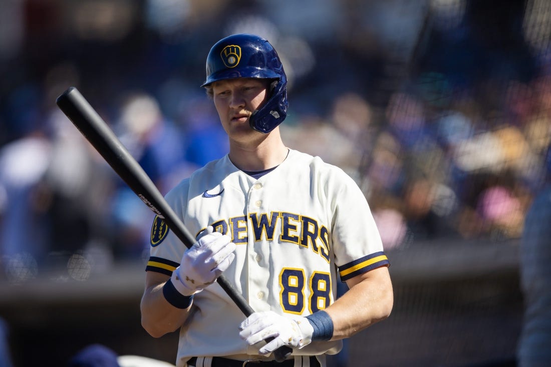 Feb 25, 2023; Phoenix, Arizona, USA; Milwaukee Brewers outfielder Joey Wiemer against the Los Angeles Dodgers during a spring training game at American Family Fields of Phoenix. Mandatory Credit: Mark J. Rebilas-USA TODAY Sports