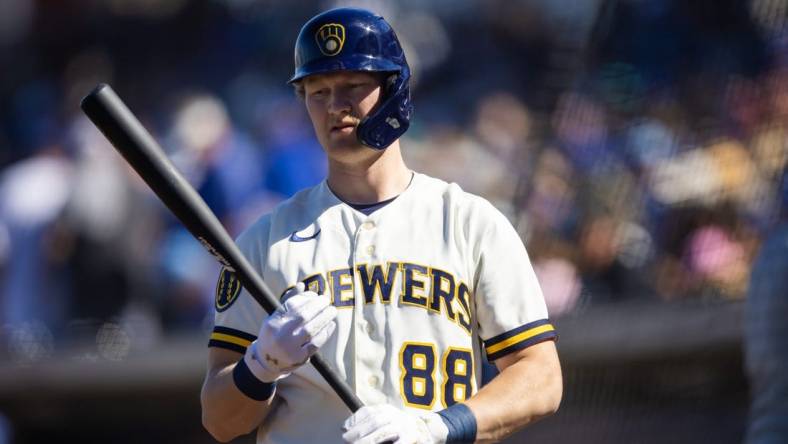 Feb 25, 2023; Phoenix, Arizona, USA; Milwaukee Brewers outfielder Joey Wiemer against the Los Angeles Dodgers during a spring training game at American Family Fields of Phoenix. Mandatory Credit: Mark J. Rebilas-USA TODAY Sports