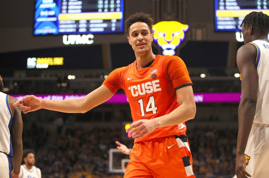 Syracuse Orange center Jesse Edwards (14) reacts after a foul is called against him during the second half against the Pittsburgh Panthers on February 15, 2023 at the Petersen Events Center in Pittsburgh, PA.

Pittsburgh Panthers Vs Syracuse Orange Mens Basketball