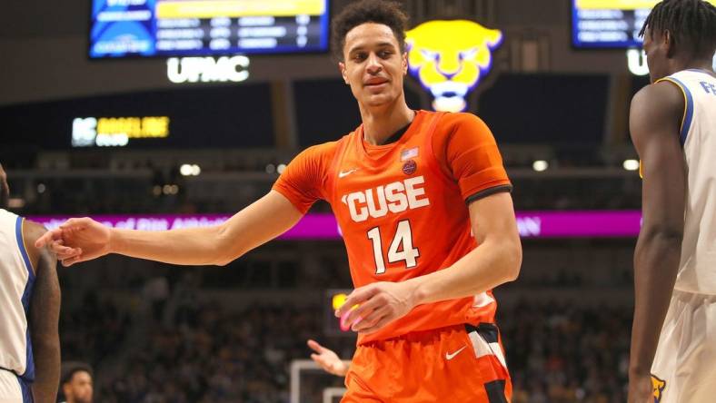 Syracuse Orange center Jesse Edwards (14) reacts after a foul is called against him during the second half against the Pittsburgh Panthers on February 15, 2023 at the Petersen Events Center in Pittsburgh, PA.

Pittsburgh Panthers Vs Syracuse Orange Mens Basketball