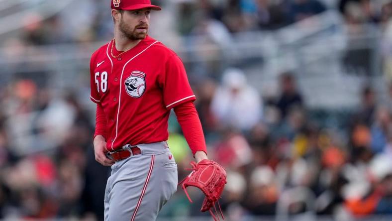 Cincinnati Reds pitcher Levi Stoudt (58) circles back to the mound between pitches in the second inning of the MLB Cactus League spring training game between the San Francisco Giants and the Cincinnati Reds at Scottsdale Stadium in Goodyear, Ariz., on Sunday, Feb. 26, 2023. The Giants came back in the ninth inning to win on a walk-off single off the bat of Will Wilson.

Cincinnati Reds At San Francisco Giants Spring Training