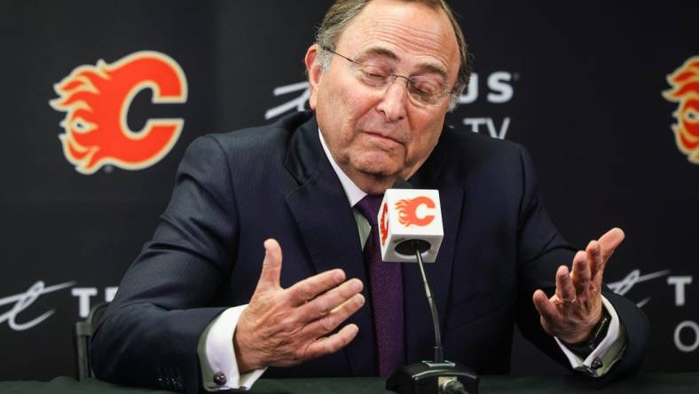 Feb 28, 2023; Calgary, Alberta, CAN; Commissioner Gary Bettman during interview prior to the game between the Calgary Flames and the Boston Bruins at Scotiabank Saddledome. Mandatory Credit: Sergei Belski-USA TODAY Sports