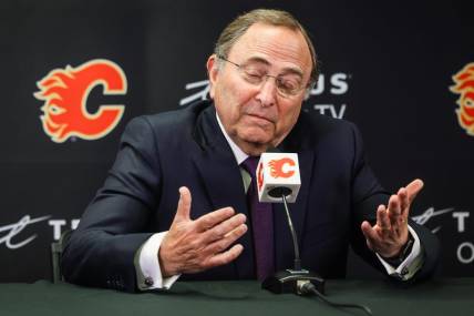 Feb 28, 2023; Calgary, Alberta, CAN; Commissioner Gary Bettman during interview prior to the game between the Calgary Flames and the Boston Bruins at Scotiabank Saddledome. Mandatory Credit: Sergei Belski-USA TODAY Sports