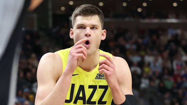 Feb 28, 2023; Salt Lake City, Utah, USA; Utah Jazz center Walker Kessler (24) reacts to play with the San Antonio Spurs in the second half at Vivint Arena. Mandatory Credit: Rob Gray-USA TODAY Sports