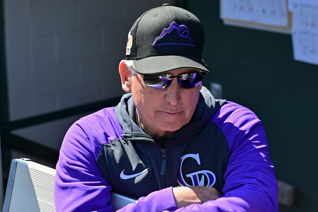 Mar 3, 2023; Scottsdale, Arizona, USA; Colorado Rockies manager Bud Black (10) looks on prior to the game against the San Francisco Giants during a Spring Training game at Scottsdale Stadium. Mandatory Credit: Matt Kartozian-USA TODAY Sports