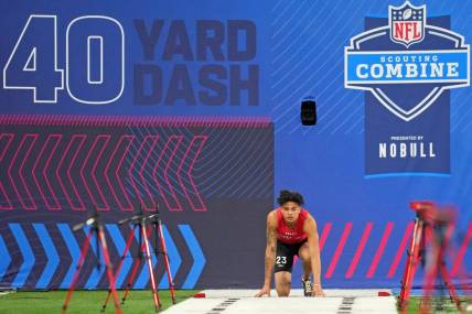 Mar 4, 2023; Indianapolis, IN, USA; Tennessee wide receiver Jalin Hyatt (WO23) participates in the 40-yard dash at Lucas Oil Stadium. Mandatory Credit: Kirby Lee-USA TODAY Sports