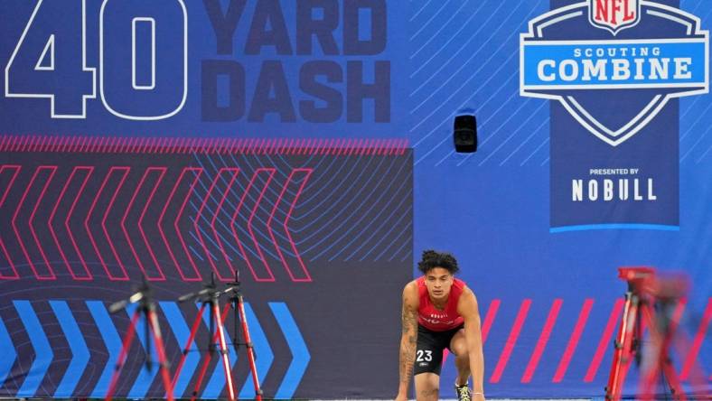 Mar 4, 2023; Indianapolis, IN, USA; Tennessee wide receiver Jalin Hyatt (WO23) participates in the 40-yard dash at Lucas Oil Stadium. Mandatory Credit: Kirby Lee-USA TODAY Sports