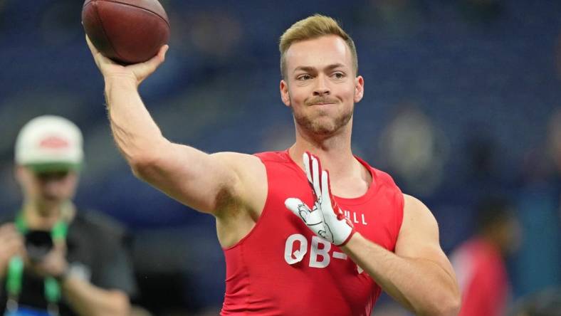 Mar 4, 2023; Indianapolis, IN, USA; Fresno State quarterback Jake Haener (QB05) participates in drills at Lucas Oil Stadium. Mandatory Credit: Kirby Lee-USA TODAY Sports