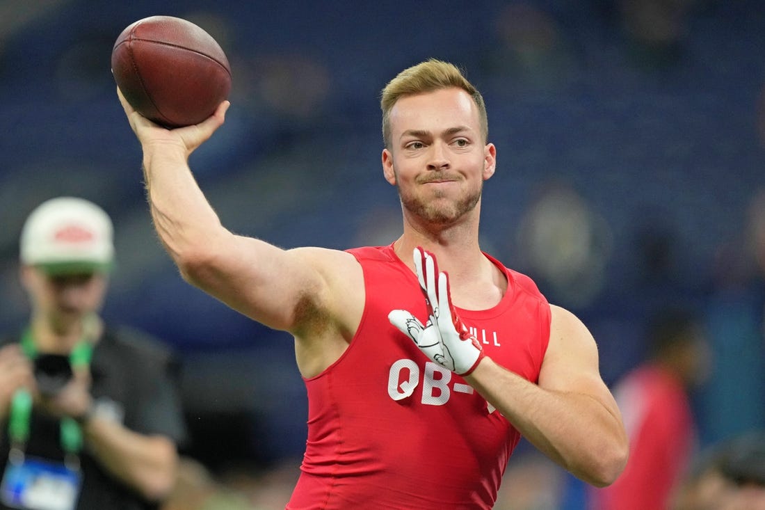 Mar 4, 2023; Indianapolis, IN, USA; Fresno State quarterback Jake Haener (QB05) participates in drills at Lucas Oil Stadium. Mandatory Credit: Kirby Lee-USA TODAY Sports