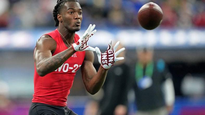 Mar 4, 2023; Indianapolis, IN, USA; Louisiana???Lafayette wide receiver Michael Jefferson (WO27) participates in drills at Lucas Oil Stadium. Mandatory Credit: Kirby Lee-USA TODAY Sports