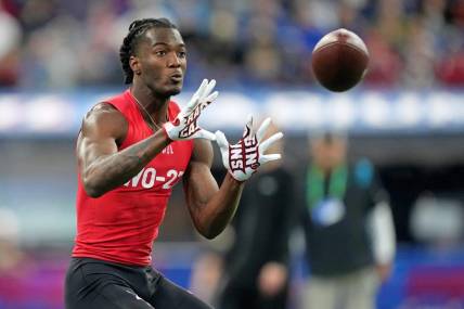 Mar 4, 2023; Indianapolis, IN, USA; Louisiana???Lafayette wide receiver Michael Jefferson (WO27) participates in drills at Lucas Oil Stadium. Mandatory Credit: Kirby Lee-USA TODAY Sports