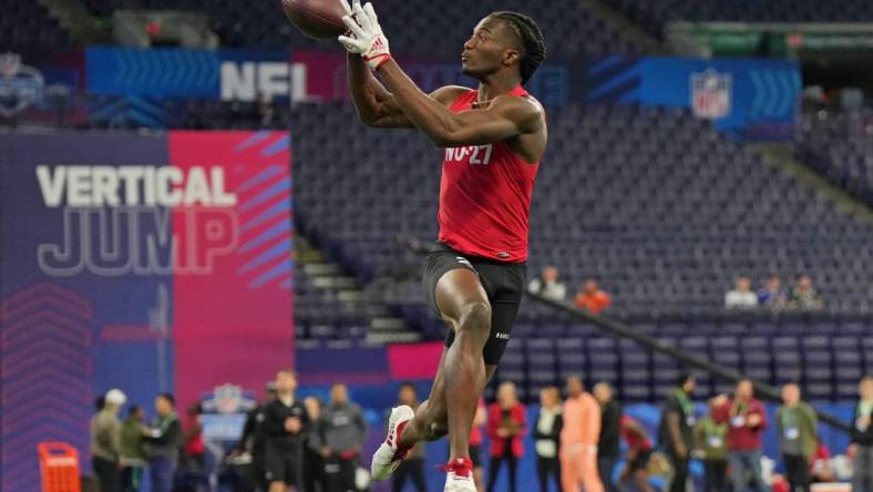 Mar 4, 2023; Indianapolis, IN, USA; Louisiana wide receiver Michael Jefferson (WO27) participates in drills at Lucas Oil Stadium. Mandatory Credit: Kirby Lee-USA TODAY Sports