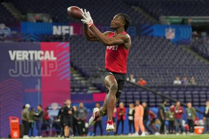 Mar 4, 2023; Indianapolis, IN, USA; Louisiana wide receiver Michael Jefferson (WO27) participates in drills at Lucas Oil Stadium. Mandatory Credit: Kirby Lee-USA TODAY Sports