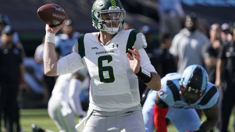 Mar 5, 2023; Arlington, TX, USA; Orlando Guardians quarterback Paxton Lynch (6) throws a pass during the first half against the Arlington Renegades at Choctaw Stadium. Mandatory Credit: Raymond Carlin III-USA TODAY Sports