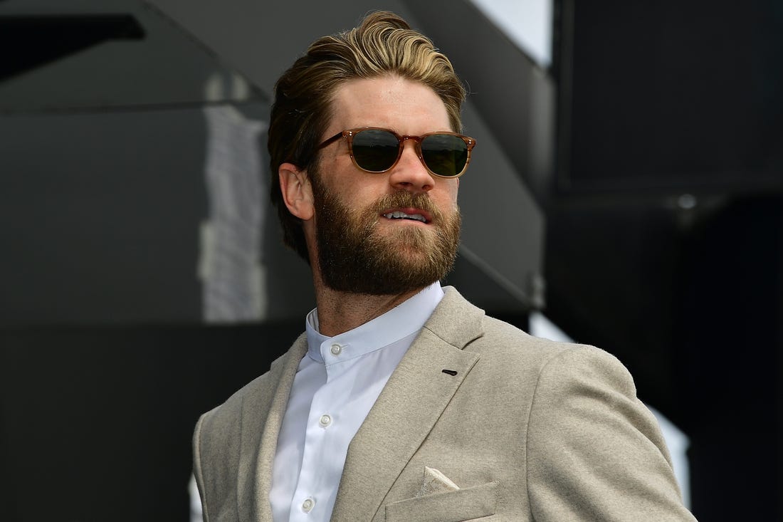 Mar 5, 2023; Las Vegas, Nevada, USA; Philadelphia Phillies right fielder Bryce Harper in attendance for the Pennzoil 400 at Las Vegas Motor Speedway. Mandatory Credit: Gary A. Vasquez-USA TODAY Sports