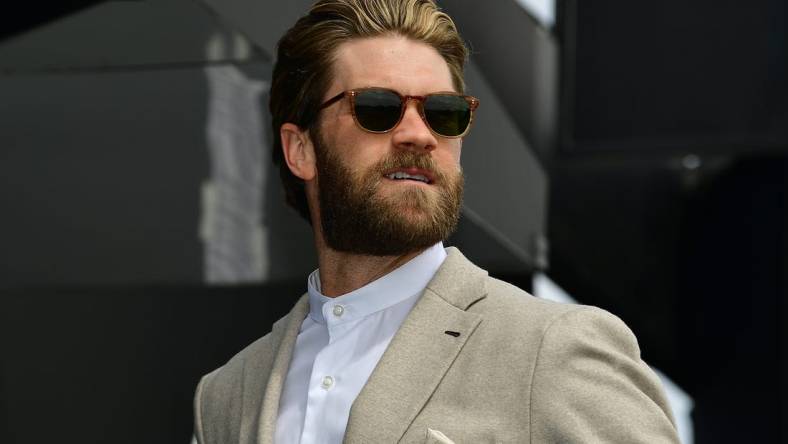 Mar 5, 2023; Las Vegas, Nevada, USA; Philadelphia Phillies right fielder Bryce Harper in attendance for the Pennzoil 400 at Las Vegas Motor Speedway. Mandatory Credit: Gary A. Vasquez-USA TODAY Sports