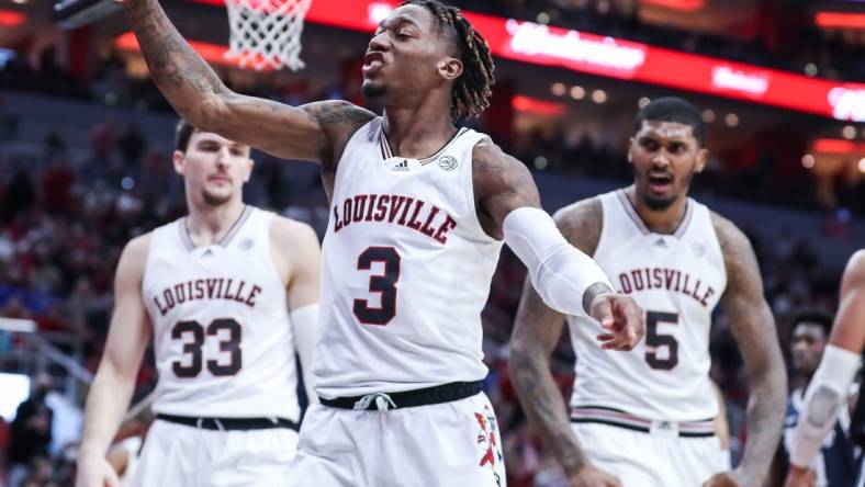 Louisville''s El Ellis celebrates after getting the shot and foul against Duke in the first half. January 29, 2022

Louisville Vs Duke January 29 2022