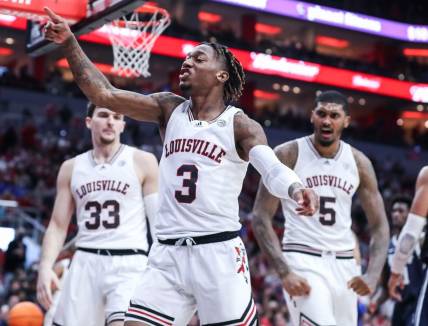 Louisville''s El Ellis celebrates after getting the shot and foul against Duke in the first half. January 29, 2022

Louisville Vs Duke January 29 2022