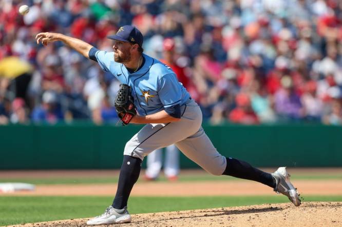 Mar 7, 2023; Clearwater, Florida, USA;  Tampa Bay Rays pitcher Heath Hembree (53) throws a pitch against the Philadelphia Phillies in the fourth inning during spring training at BayCare Ballpark. Mandatory Credit: Nathan Ray Seebeck-USA TODAY Sports