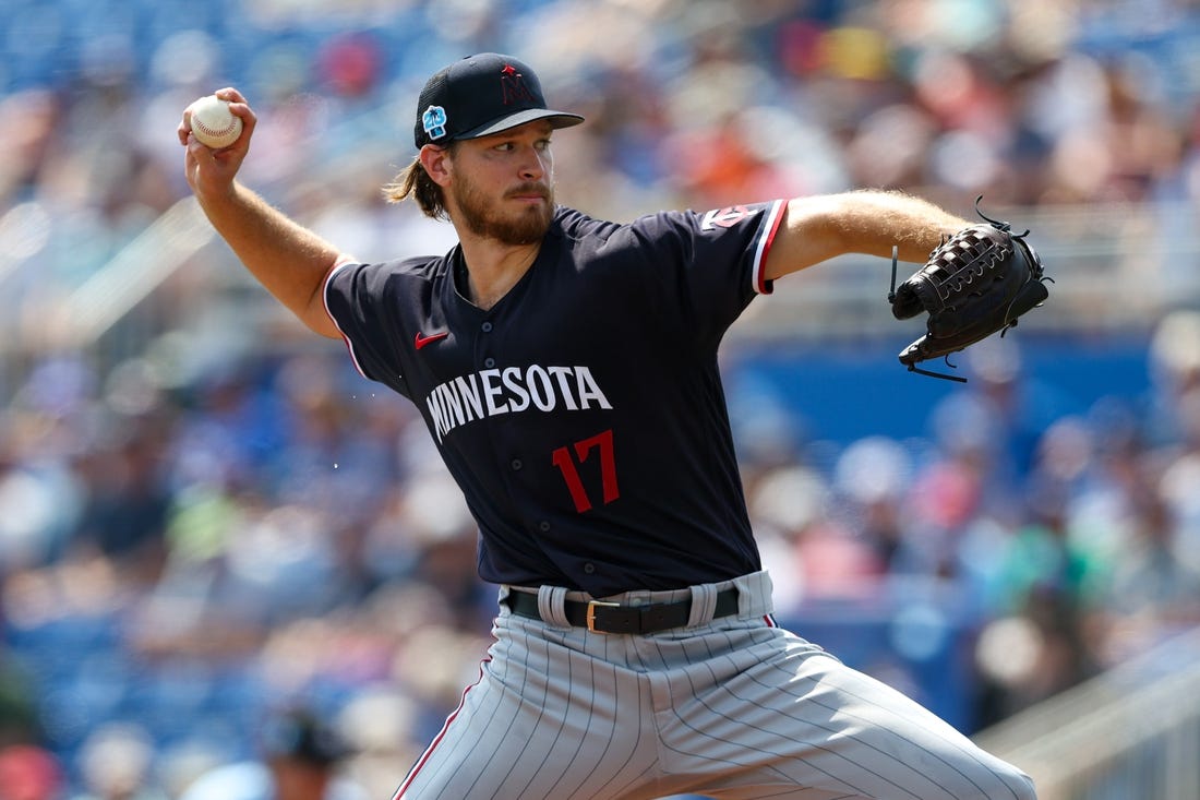 Mar 8, 2023; Dunedin, Florida, USA;  Minnesota Twins starting pitcher Bailey Ober (17) throws a pitch against the Toronto Blue Jays in the first inning during spring training at TD Ballpark. Mandatory Credit: Nathan Ray Seebeck-USA TODAY Sports