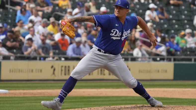 Mar 9, 2023; Mesa, Arizona, USA; Los Angeles Dodgers relief pitcher Victor Gonzalez (81) throws against the Oakland Athletics in the fifth inning at Hohokam Stadium. Mandatory Credit: Rick Scuteri-USA TODAY Sports