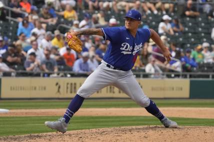 Mar 9, 2023; Mesa, Arizona, USA; Los Angeles Dodgers relief pitcher Victor Gonzalez (81) throws against the Oakland Athletics in the fifth inning at Hohokam Stadium. Mandatory Credit: Rick Scuteri-USA TODAY Sports