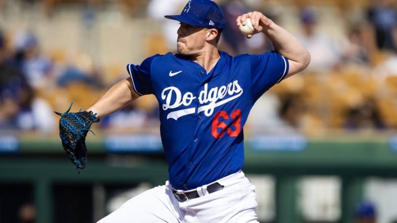 Feb 28, 2023; Phoenix, Arizona, USA; Los Angeles Dodgers pitcher Justin Bruihl against the Cincinnati Reds during a spring training game at Camelback Ranch-Glendale. Mandatory Credit: Mark J. Rebilas-USA TODAY Sports