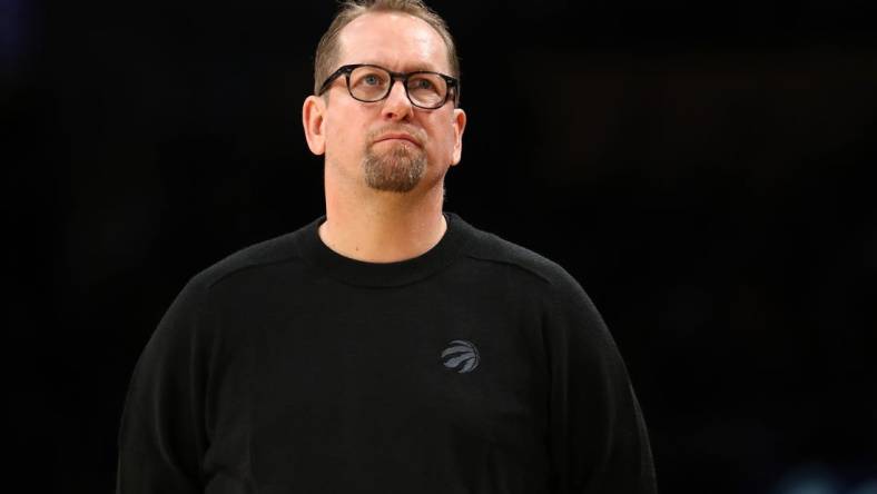 Mar 10, 2023; Los Angeles, California, USA;  Toronto Raptors head coach Nick Nurse during the game against the Los Angeles Lakers at Crypto.com Arena. Mandatory Credit: Kiyoshi Mio-USA TODAY Sports