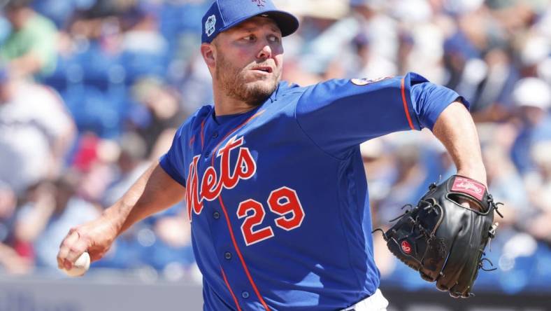 Mar 12, 2023; Port St. Lucie, Florida, USA; New York Mets relief pitcher Tommy Hunter throws a pitch during the fifth inning against the Tampa Bay Rays at Clover Park. Mandatory Credit: Reinhold Matay-USA TODAY Sports