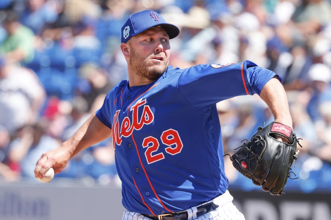 Mar 12, 2023; Port St. Lucie, Florida, USA; New York Mets relief pitcher Tommy Hunter throws a pitch during the fifth inning against the Tampa Bay Rays at Clover Park. Mandatory Credit: Reinhold Matay-USA TODAY Sports