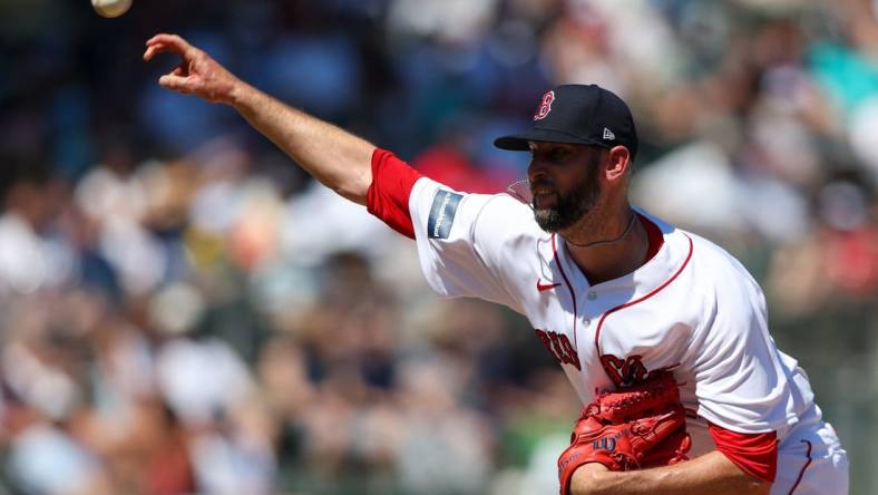 Mar 12, 2023; Fort Myers, Florida, USA;  Boston Red Sox relief pitcher Chris Martin (55) throws a pitch against the New York Yankees in the fifth inning during spring training at JetBlue Park at Fenway South. Mandatory Credit: Nathan Ray Seebeck-USA TODAY Sports