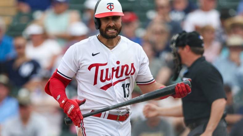 Mar 13, 2023; Fort Myers, Florida, USA;  Minnesota Twins first baseman Joey Gallo (13) reacts after striking out against the New York Yankees in the seventh inning during spring training at Hammond Stadium. Mandatory Credit: Nathan Ray Seebeck-USA TODAY Sports