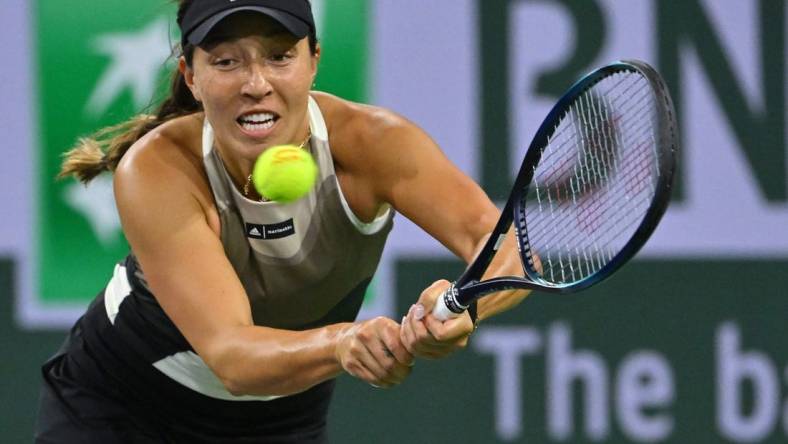 Mar 14, 2023; Indian Wells, CA, USA; Jessica Pegula (USA) hits a shot in her fourth round match against Petra Kvitova (CZE) in the BNP Paribas Open at the Indian Wells Tennis Garden. Mandatory Credit: Jayne Kamin-Oncea-USA TODAY Sports