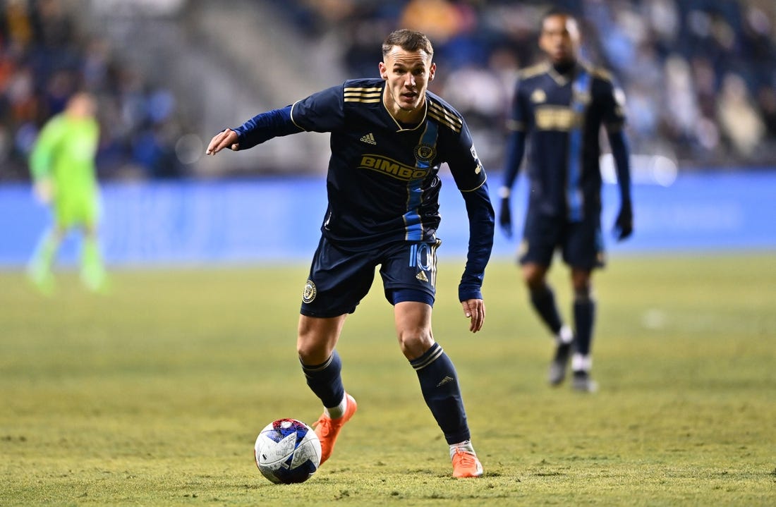 Mar 11, 2023; Philadelphia, Pennsylvania, USA; Philadelphia Union midfielder Daniel Gazdag (10) controls the ball against the Chicago Fire in the second half at Subaru Park. Mandatory Credit: Kyle Ross-USA TODAY Sports